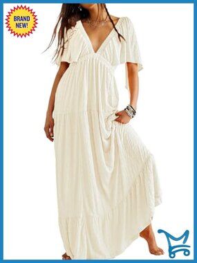 V-Neck Tiered Maxi Dress Flutter Sleeve Backless Flowy Maternity